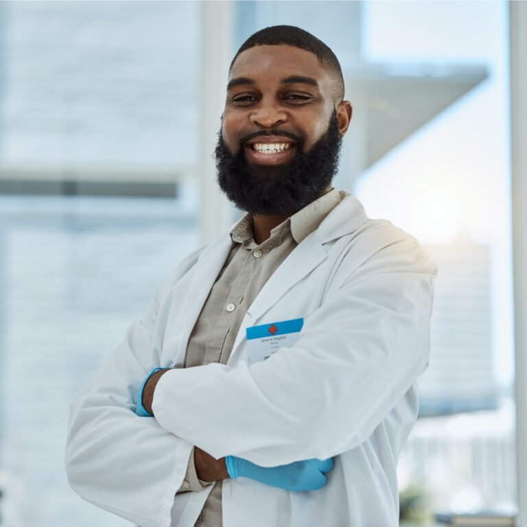 Black man, doctor and portrait with arms crossed in hospital for healthcare services, surgery and c